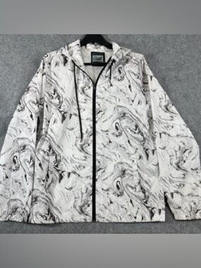 Beautiful giant Marble-Print Hooded Windbreaker Jacket - White/Black Size M
